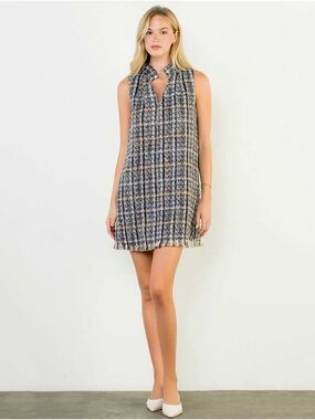 THML Sleeveless Navy Plaid Tweed Dress, Sz Small NWOT